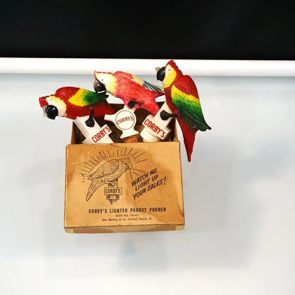 Vintage 1950s Corbys Whiskey 3 Parrot Pourers NOT WORKING Original Box w Manual